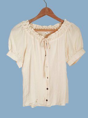 Mine Cream Peasant Blouse Ruffle Neck Tie Front Puff Sleeve Cottagecore Coquette